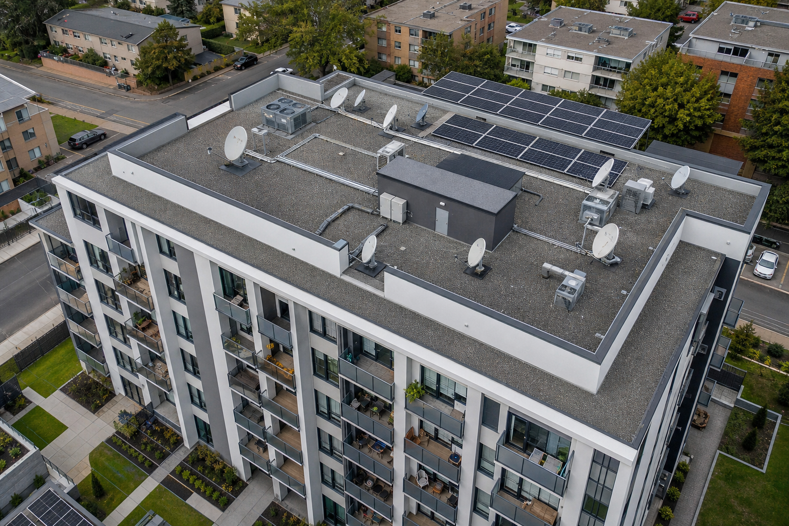 DStv communal installation rooftop satellite system on apartment building