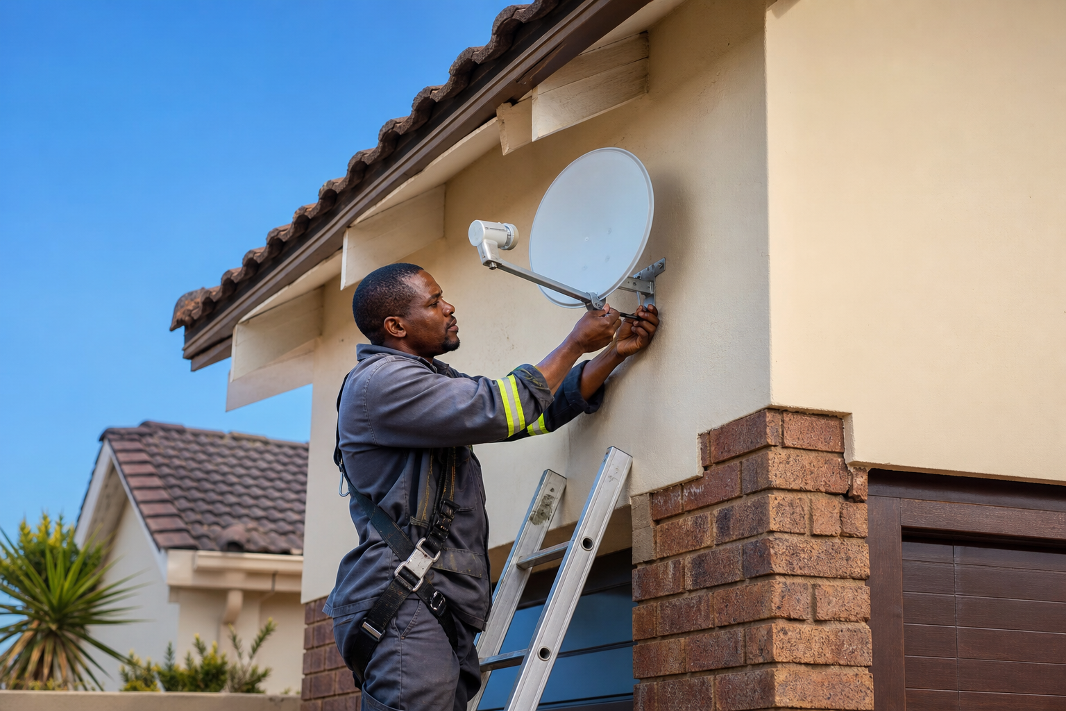 DStv satellite installation technician mounting a satellite dish